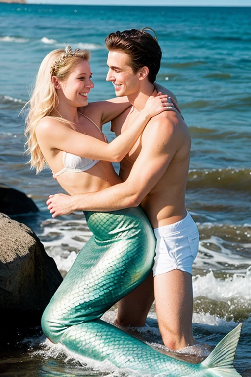 A young cute skinny white handsome mermaid rescuing another handsome man