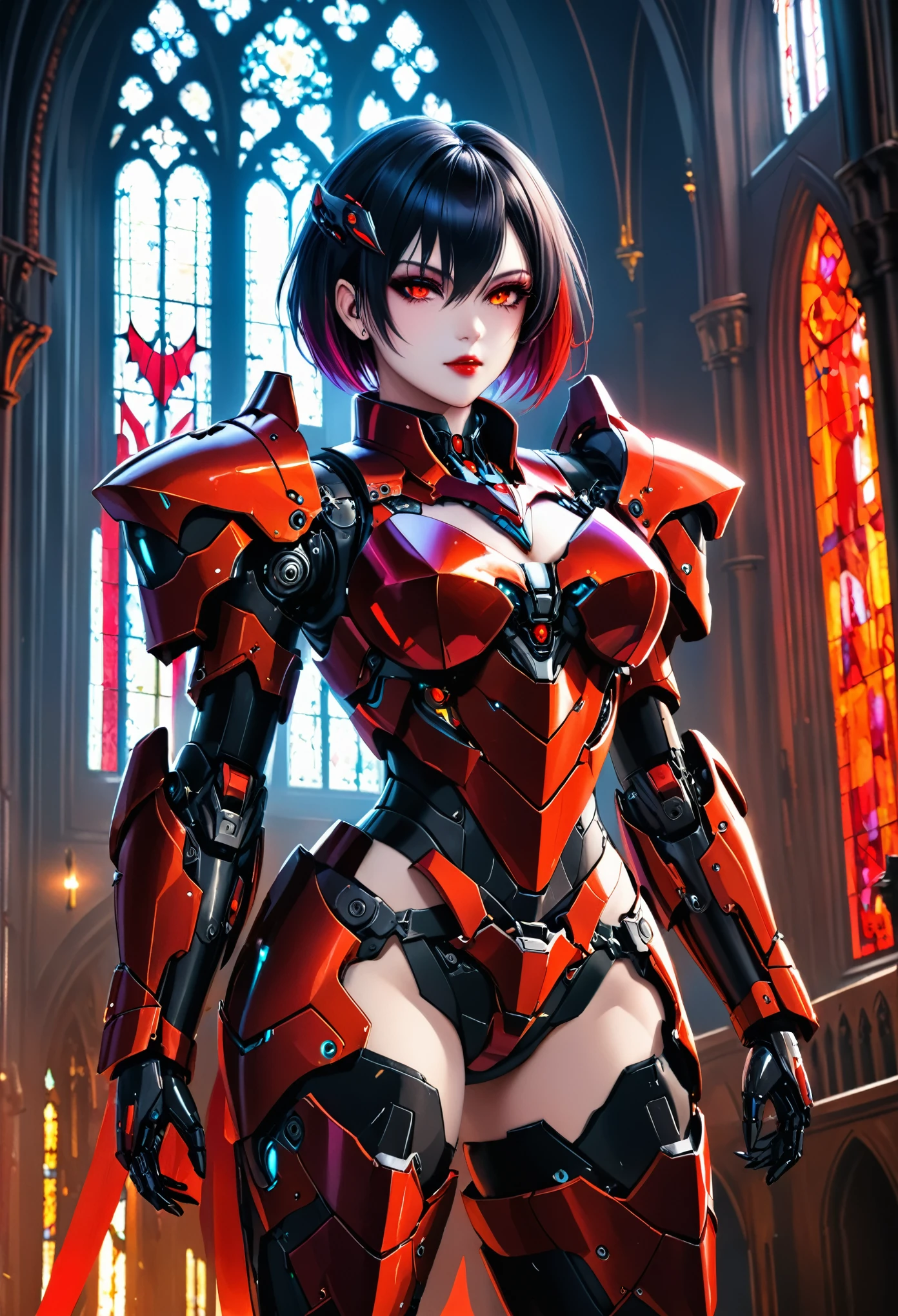 a portrait of mecha female vampire in a dark gothic cyberpunk church, an exotic exquisite beautiful mecha female vampire, dynamic hair color, short hair, dynamic eyes color, intense eyes,  glowing eyes, dynamic eyes color, wearing intricate mech armor, delicate mech armor, delicate blood veins in the armor, wearing thigh high heeled boots, dark gothic cyberpunk church background, vibrant, Ultra-high resolution, High Contrast, (masterpiece:1.5), highest quality, Best aesthetics), best details, best quality, highres, 16k, (ultra detailed: 1.5), masterpiece, best quality, (extremely detailed) RAW, (ultra details, Masterpiece, best quality), Dark Art Painting Style