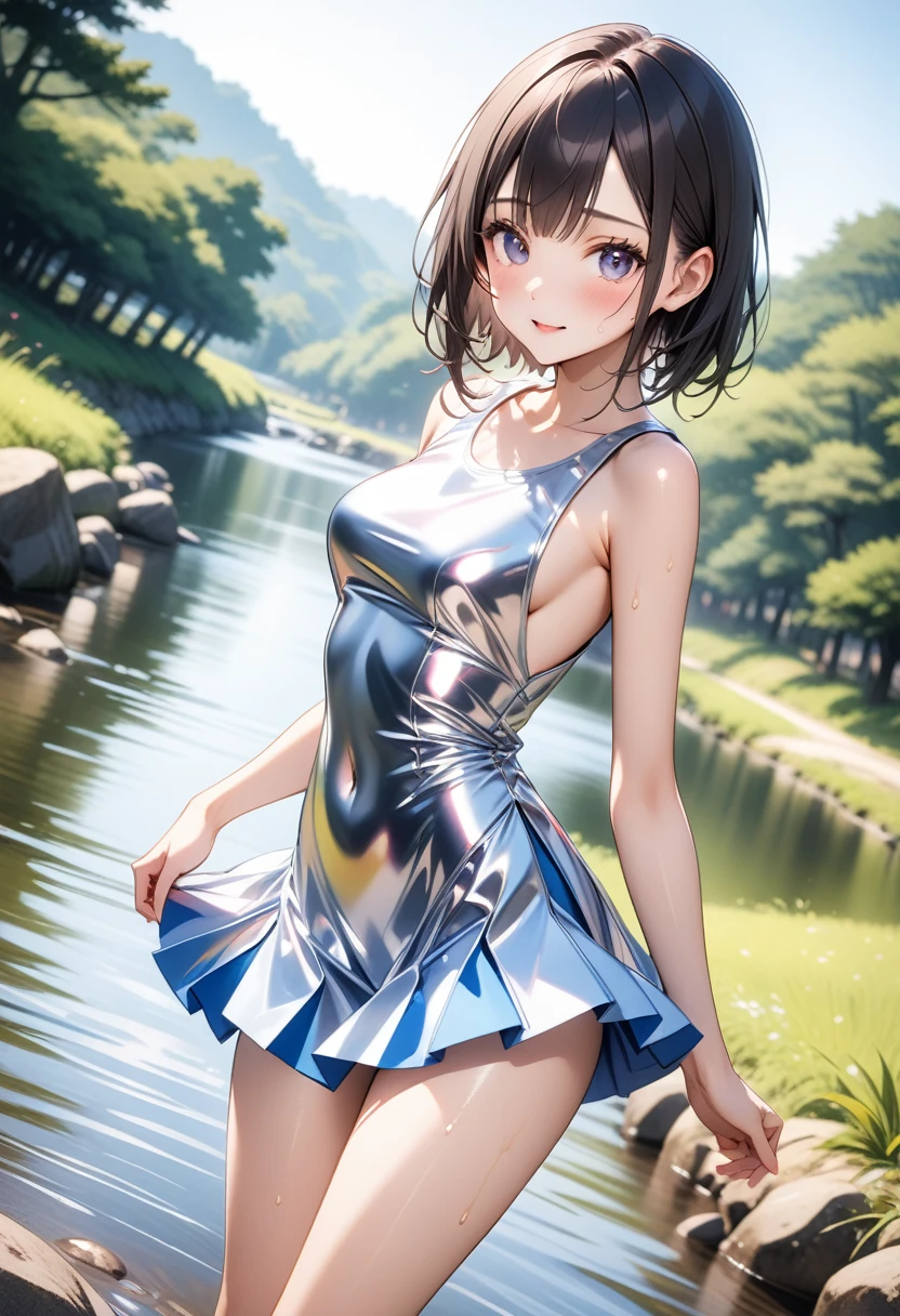 (((A woman playing in midsummer in Japan))), (A hot summer)), (((a hot summer outfit, skirt))), ((Shiny Costumes)), skindentation, skinny, solo, 1 woman, Masterpiece, highest quality, highest quality, 16K, incredibly absurd, highly detailed, 2.5D, ai-generated, delicate and dynamic, very delicate facial expressions, delicate eye depiction, erotic, only sexy woman, ((A cute and kind face)), healthy figure, ((25-year-old woman)), 160cm tall, medium firm swaying bust, Dark Hair, blush, Sweat,Embarrassed,sexy, ((thin thighs)), (camel toe:0.7), (visible nipples:0.5), (Erect nipples,:0.7), shiny and lustrous, facing straight at viewer, (((in heat))), ((Oily_skin)), ((dutch angle)), ((erotic pose)), ((In the Japanese countryside, by the river, on a hot summer's afternoon,)),)Metallic shiny outfit:0.5), (((Very dynamic pose))),
