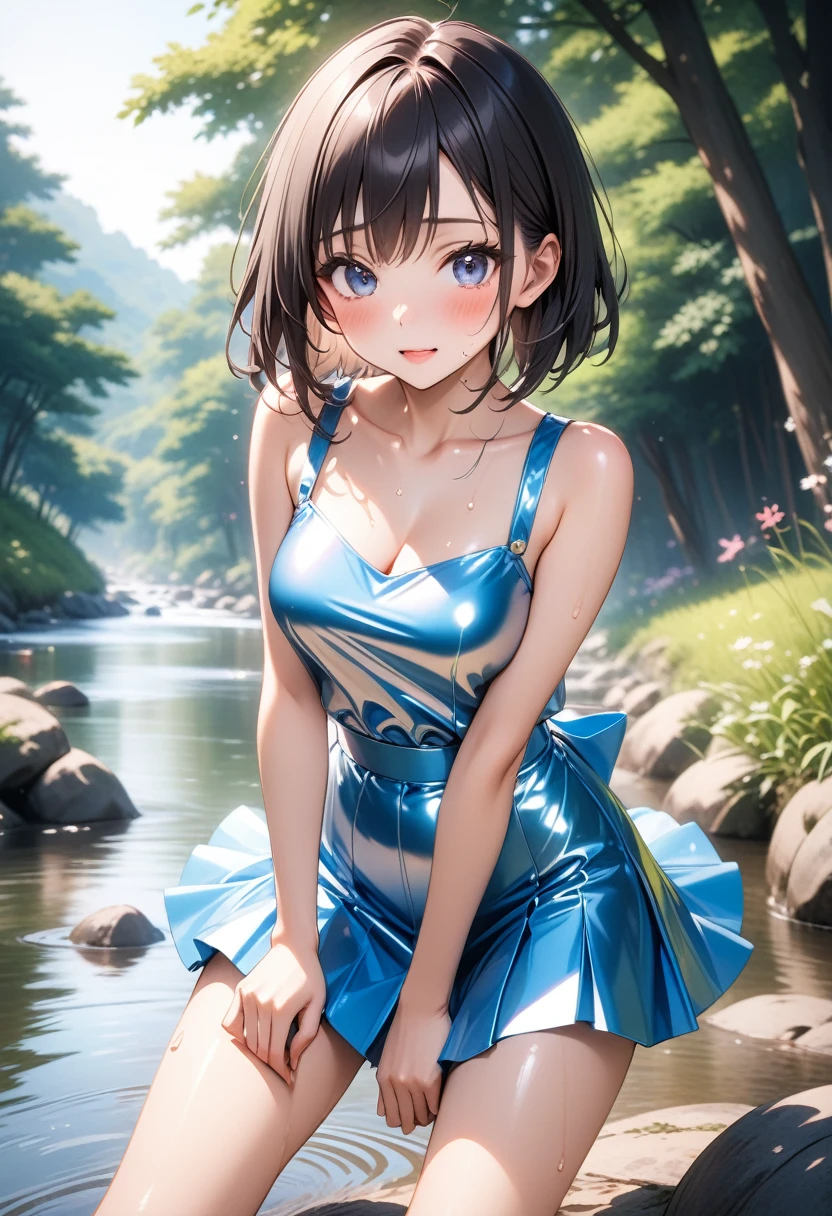 ((Lying on a rubber floating on the sea)), ((rash guard)), ((swimsuit sides see-through)), (((The swimsuit is a vivid color))), ((Mesh mini skirt)), holographic fabric, skindentation, skinny, solo, 1 woman, Masterpiece, highest quality, highest quality, 16K, incredibly absurd, highly detailed, 2.5D, ai-generated, delicate and dynamic, very delicate facial expressions, delicate eye depiction, erotic, only sexy woman, ((A cute and kind face)), healthy figure, 25-year-old woman, bride, 160cm tall, medium firm swaying bust, (dark hair), black eye, blush, Sweat,Embarrassed,sexy, ((thin thighs)), (Erect nipples:0.9), (visible nipples:0.9), ((shiny and lustrous)), facing straight at viewer, ((brown black skin)), ((Oily_skin)), sweaty skin, wet skin, (suntan), dutch angle, ((sexy pose)), Dynamic poses, ((Summer Sea)), Strong sunlight, ((sexy pose)),, ((Lying)), ((On the open sea)), Knee Up,