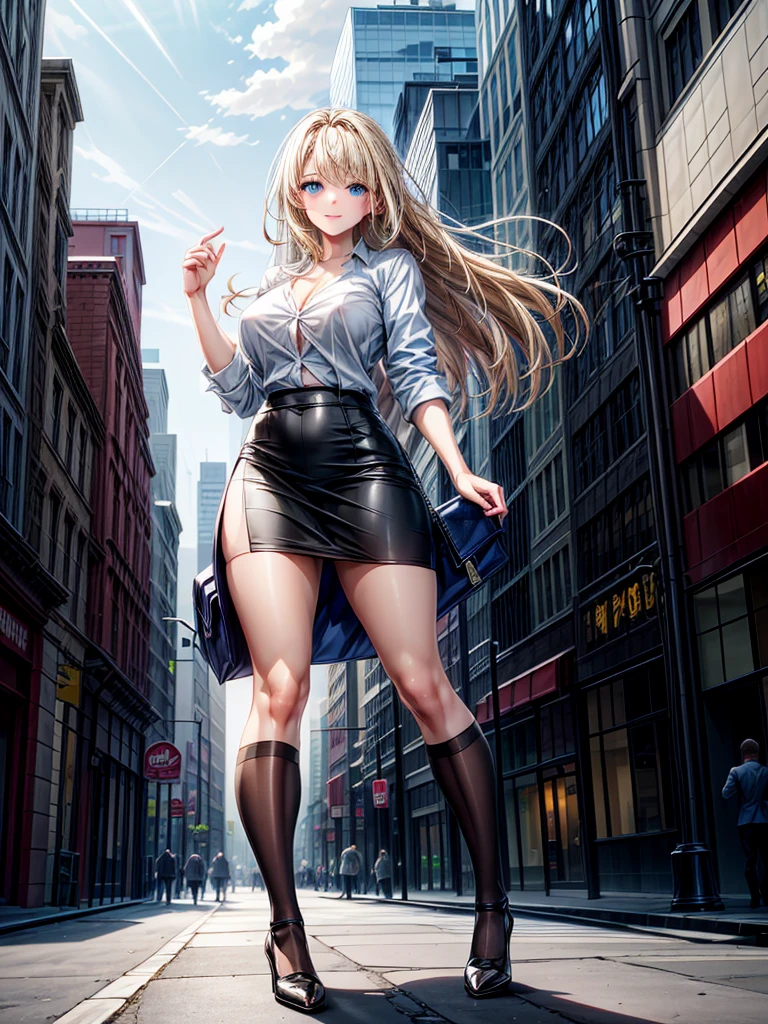 ((High resolution)), ((Lighting and color)), ((masterpiece)), ((Blue eyes)), Young woman with blue eyes., Straight blonde hair, The wind blew it away and it got a little messy., Standing lightly on a bustling city street. She wears a loose-fitting white business shirt that accentuates her natural elegance.。.., Pair with a black tight skirt for a business look。.. A business bag1I have one。.. She is in a delicate pose, A sweet and affectionate smile, tilt your body slightly. Modern skyscrapers are mixed in the background.., Quaint café, Bustling pedestrians. The soft sunlight gently illuminates your face.., In the hustle and bustle of the city、Give off a warm glow、Emphasize your presence。."