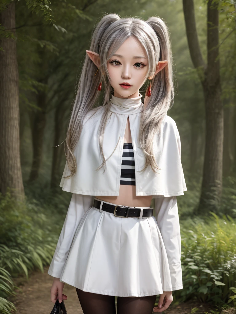 masterpiece, best quality, absurdres, 1girl, solo, FrierenBase, long hair, twintails, earrings, white capelet, striped shirt, horizontal stripes, long sleeves, belt, white skirt, gold-trim, black pantyhose, arms behind back, outdoors, forest, 