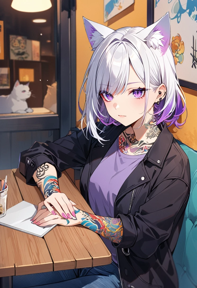 1woman, white hair with purple tips, purple eyes, cat ears, normal face, wearing a casual black jacket,purple undershirt, blue jeans, rest head with hand, tattoos on arms, colorful tattoos