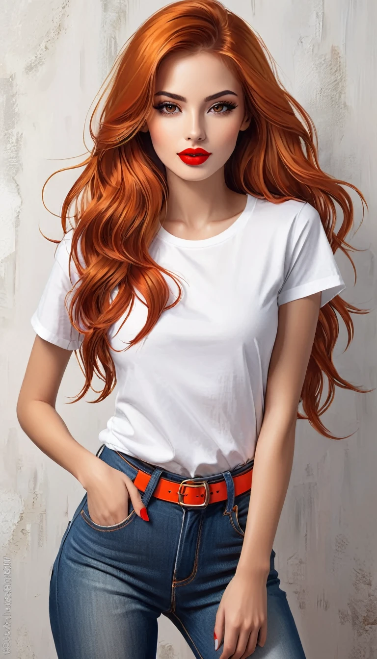 young and sexy woman, with long orange hair and brown eyes, wearing red lipstick. with a White t-shirt and jeans. With Brown eyes and perfect hands.
