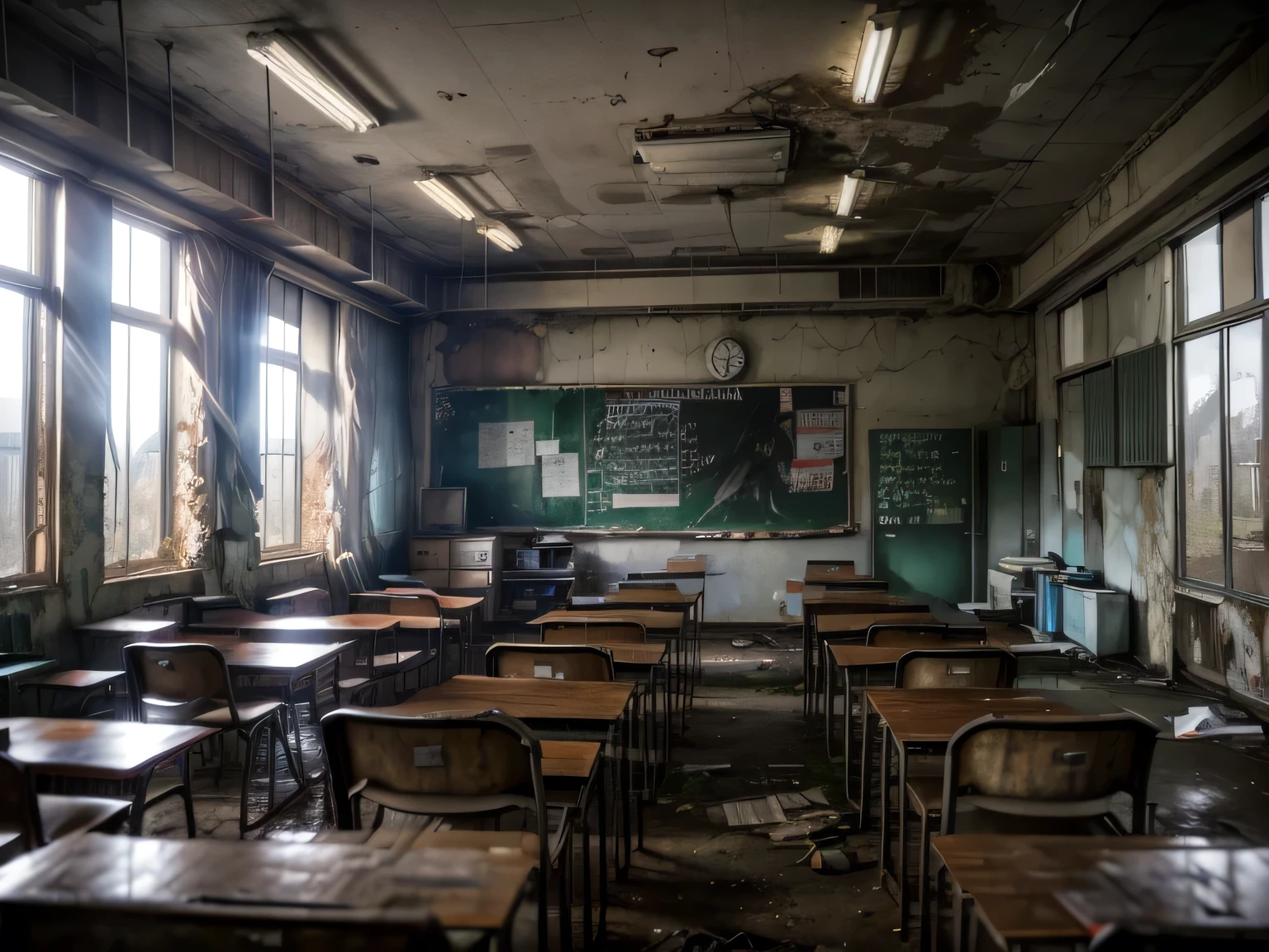 There is a classroom with a lot of desks and chairs - SeaArt AI