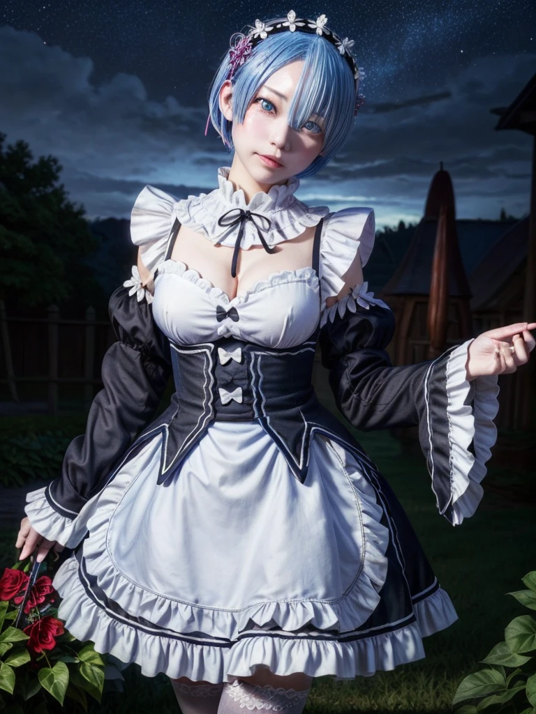 masterpiece, best quality, ultra-detailed, illustration, epic lighting, cinematic composition, colorful, sidelighting, lustrous skin, realistic, 3d face, (finely detailed beautiful eyes: 1.2), 1girl, rem_\(re:zero\),cute, medium breasts, blue hair, short hair, (hair over one eye:1.3), eyes_visible_through_hair, blue eyes, roswaal_mansion_maid_uniform, (head tilt:1.2), standing, close-up, fantasy, summer, night sky, stars, nebula, blue flowers, garden, blue roses, moonlight, peaceful, serenity, (8k:1.1),