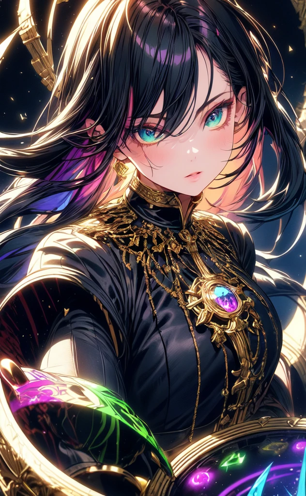 (masterpiece, best quality, ultra-detailed, best shadow), (detailed background,dark fantasy), (handsome detailed face), high contrast, (best illumination, an extremely delicate and beautiful), ((cinematic light)), colorful, hyper detail, dramatic light, intricate details, (1girl, solo, purple with green hair, sharp face, green eyes, hair between eyes,dynamic angle), blood splatter, swirling black light around the character, depth of field,black light particles,(broken glass),magic circle, dress,