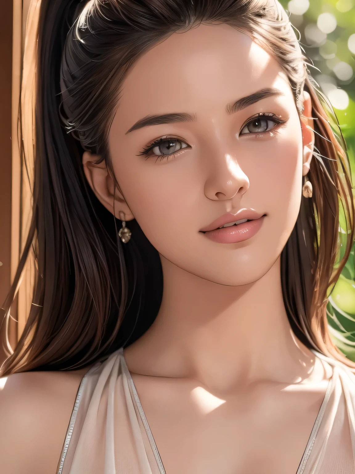 (Highest quality,4K,8k,High resolution,masterpiece:1.2),Very detailed,(Realistic,photoRealistic,photo-Realistic:1.37), One Japanese woman, Big smile, slicked back hair, ponytail、Bust up shot, Outdoor, Light brown hair、Brown eyes、Beautiful attention to detail, lips with beautiful details, Very detailed目と顔, Long eyelashes, Soft morning light, Vibrant colors, Delicate texture, Subtle Shadows