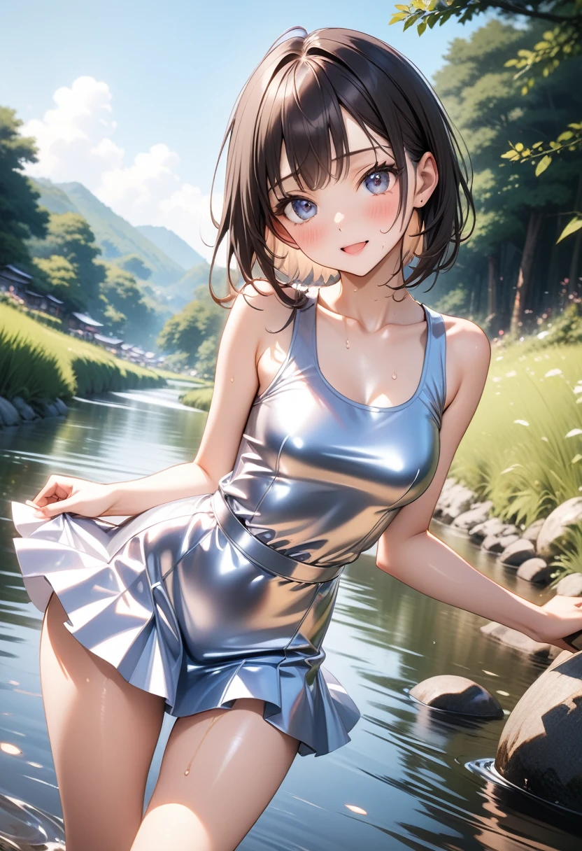 Highest quality、1. 、In swimsuit、Entering the river、countryside、In nature、smile、