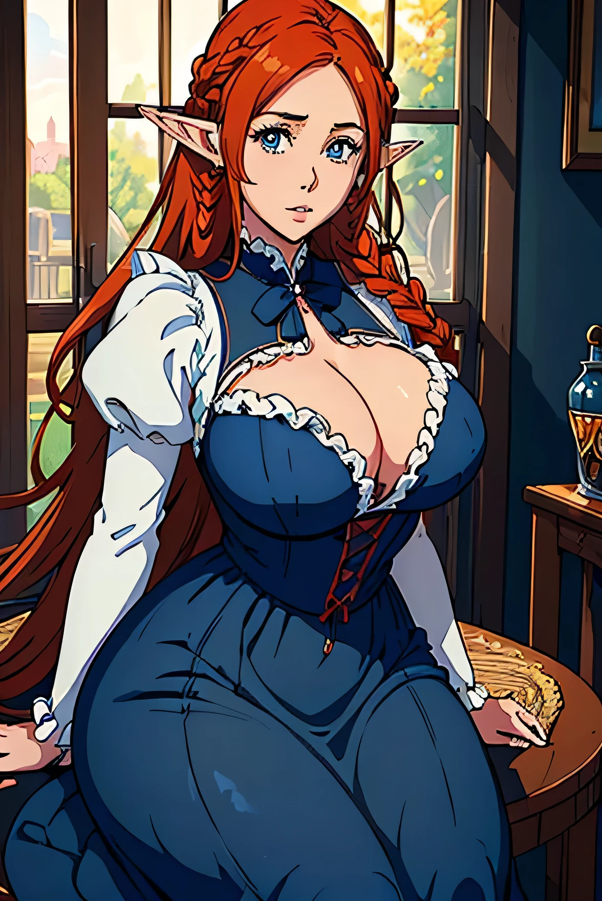 Cute Farmgirl with Braids. ((red haired woman, long hair, pointy ears, elf ear)), Perfectly round face. Beautiful cute face, Big beautiful voluptuous lips, charming beauty, ((gentle expression on your face)), ((Beautiful detailed big blue eyes)), Waist slender, Broad Hips ((Dark blue dress with ruffles, modest dress, very high neckline)) (highy detailed)),offcial art, Award-winning digital painting, digital illustration, extreme detail, 4K, ultra HD, Rococo, polished, intrikate, realistic fantasy art, sharp focus, conceptual artwork, arte por wlop, artgerm, (2D vector illustration) Lumiere, airy, hourglass figure. ellie bamber