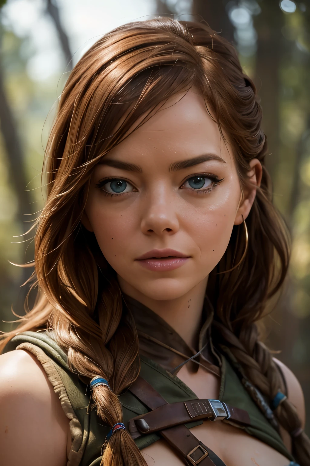 Masterpiece, 16K, hyper realistic photography, close-up photo, Best Quality, (super detailed), (Exotic Sexy Emma Stone as Horizon's Aloy), hunting, realistic skin, lighting soft, facing viewer, show breast, wet vagina, Wild West, bokeh