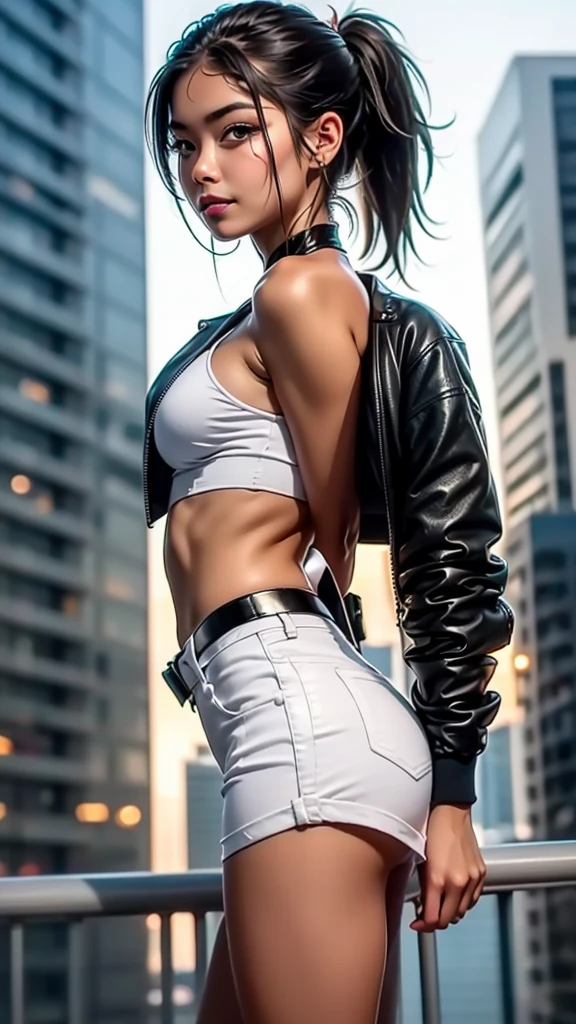 ((1girl)), masterpiece, hyper realistic, age asian girl, delicate face, beautiful face, perfect body, slender, ((leaning against the side of a building)), ((hair in ponytail)), (((wearing tight white translucent tube top with red leather mini crop jacket))), ((midriff exposed)), (short torn denim skirt with lacy black panty hose), sunglasses on head, smiling, blowing bubble gum, (night cityscape)