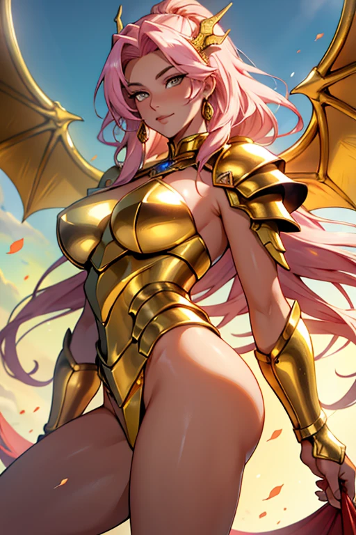 ((best quality)), ((Artwork)), (detailded), 1 girl, Dragon woman, cabellos largos dorados, golden armour, Golden Dragon Knight, golden wings, pinky skin, Eyes red, legs thick, blush cheeks, golden giant sword