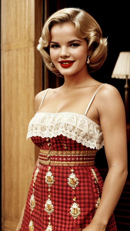 Carroll Baker dressed in traditional Spanish clothing wearing lipstick and smiling