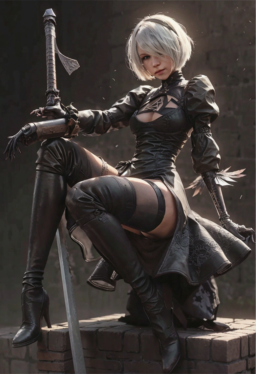 A woman in black clothes is sitting on a brick wall with a sword, 2b ..., 2b, 2B Nier Automata, Magnificent and elaborate character art, 2b ... from nier automata, Nier Automata 2b, Amazing character art, nier 2b ..., Jan J, Raymond Swanland&#39;s style, Dark fantasy art, Highly detailed art gems