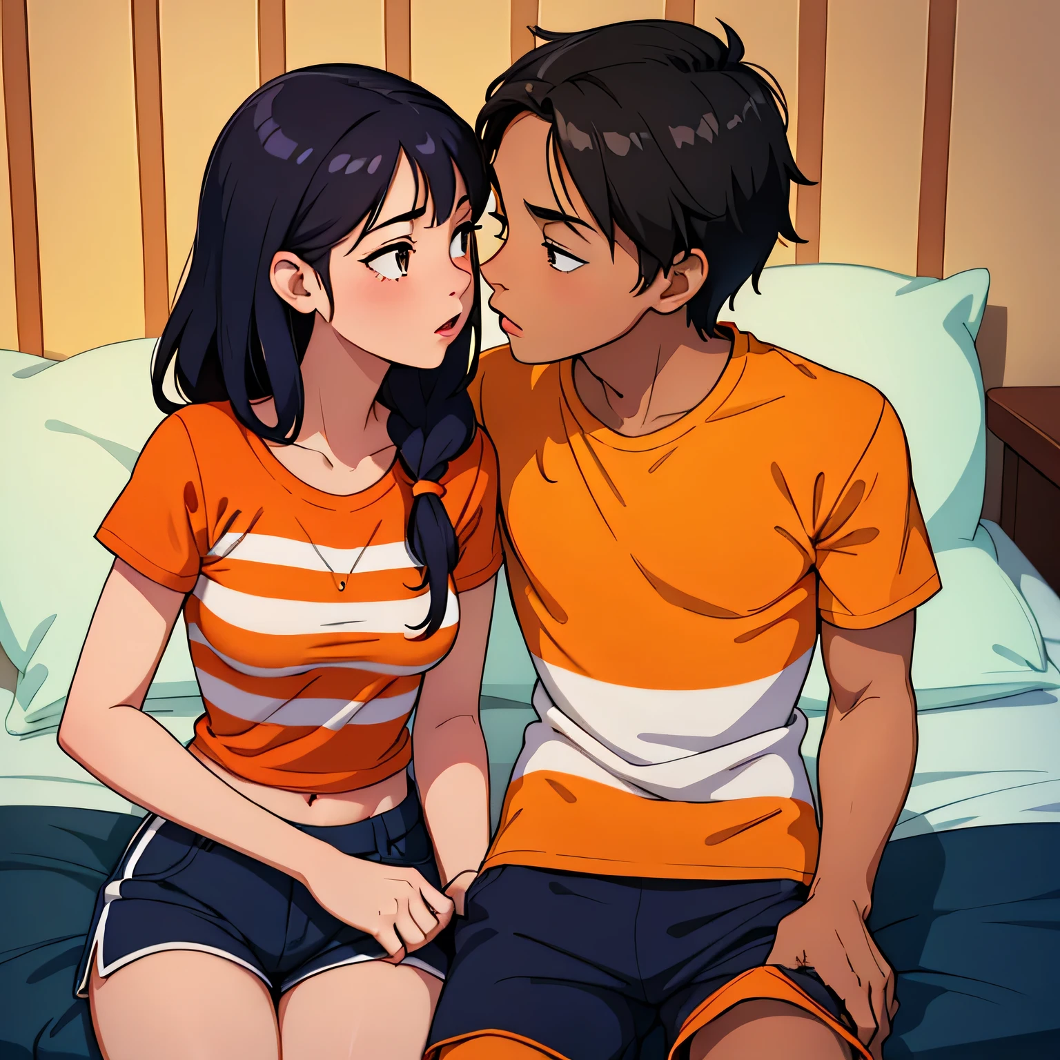 Amazing portrait of a young woman wearing white and orange striped t shirt and orange shorts and young boy wearing a navy blue t shirt and black shorts sitting on a bed together and kissing and making out passionately in a sexy and hot and lustful setting