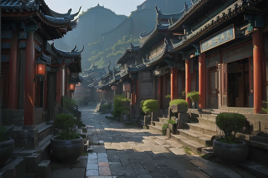 there is a narrow street，There are many buildings and plants, Dream China Town, china village, andreas rocha style, Cyberpunk ancient Chinese castle, Beautiful rendering of the Tang Dynasty, ancient city landscape, The ancient city streets behind her, author：Victor Wang, old asian village, Inspired by Zhang Sengyao, Pan Chengwei on artstation, In an ancient city
