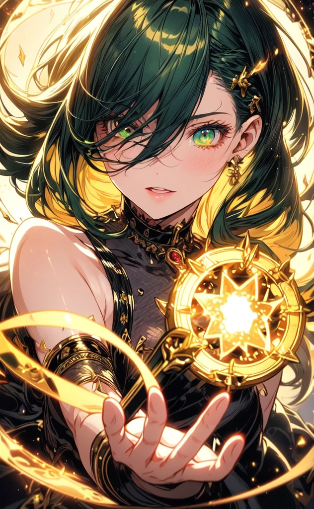 (masterpiece, best quality, ultra-detailed, best shadow), (detailed background,dark fantasy), (handsome detailed face), high contrast, (best illumination, an extremely delicate and beautiful), ((cinematic light)), colorful, hyper detail, dramatic light, intricate details, (1girl, solo, purple with green hair, sharp face, green eyes, hair between eyes,dynamic angle), blood splatter, swirling golden light around the character, depth of field,black light particles,(broken glass),magic circle, dress,