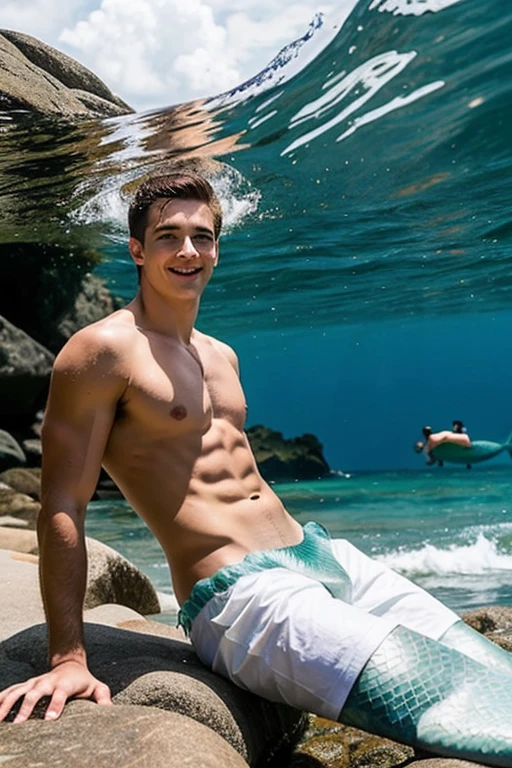 3 young cute skinny white handsome mermaid saved another handsome man