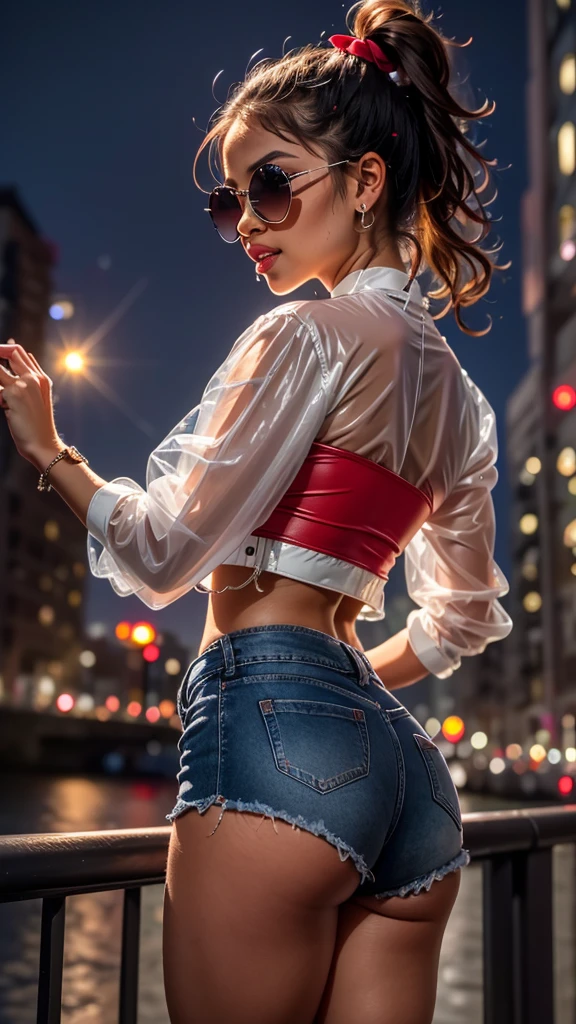 ((1girl)), masterpiece, hyper realistic, teenage asian girl, delicate face, beautiful face, perfect body, slender, ((leaning against the side of a building)), ((hair in ponytail)), (((wearing tight white translucent tube top with red leather mini crop jacket))), ((midriff exposed)), (short torn denim skirt with lacy black panty hose), sunglasses on head, smiling, blowing bubble gum, (night cityscape)