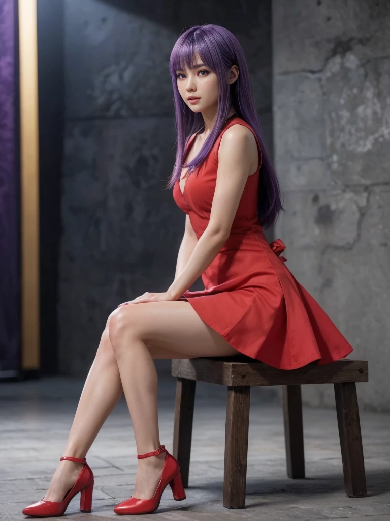 Ayane, cabelo roxo, (best qualityer, ultra detali), (realisitic:1.37), beautiful and detailed face, ultra-realisitic texture, 精致的面容, Delicate body, red lipgloss stick, long-lasting colors. High definition, 8k.
