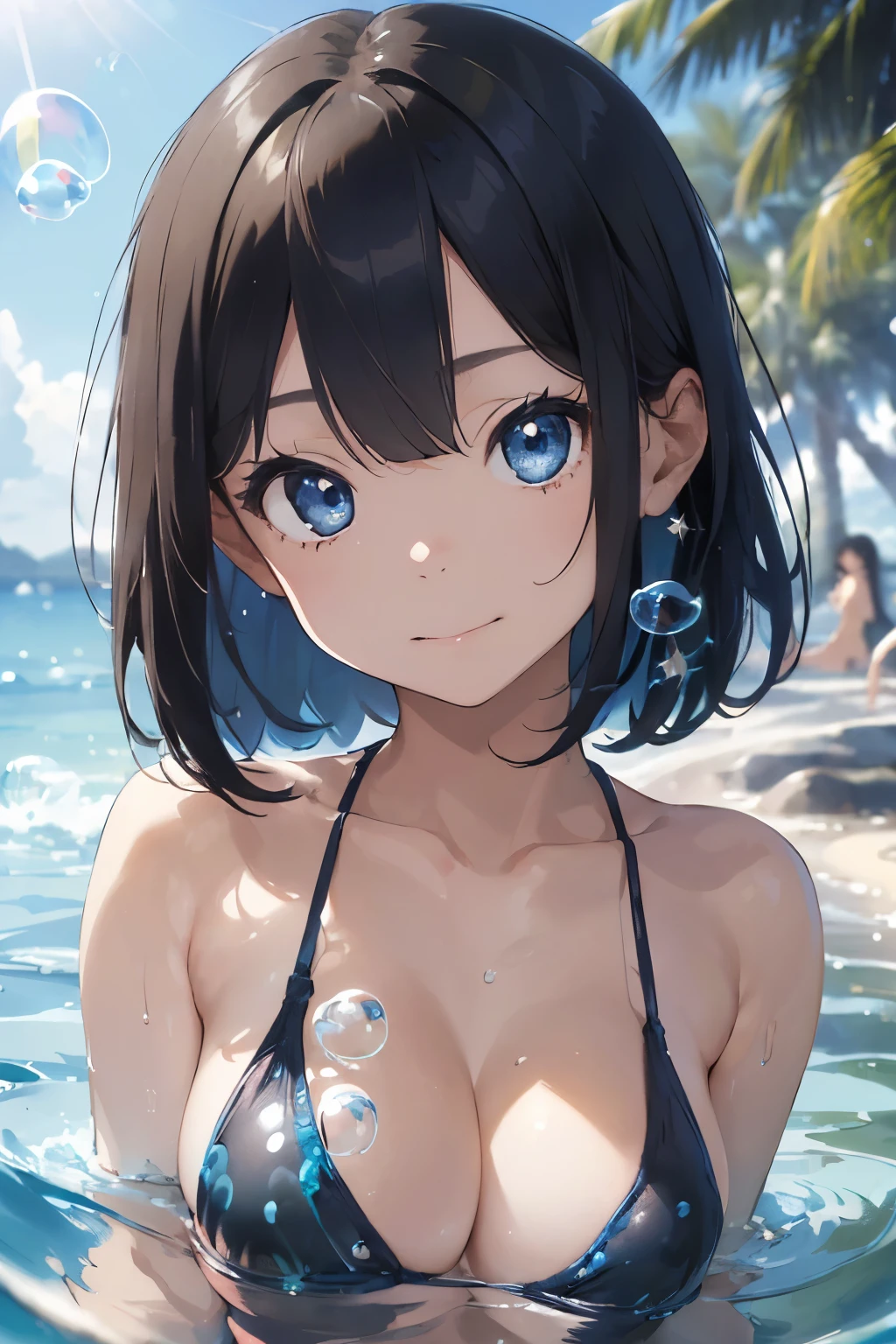 ((Highest quality)), ((masterpiece)), (detailed), (（Japanese）),, Black Hair,(Childish face), long hair, (Bob Hair), Girl ,Medium Breasts , ((Blue eyes)),half-smile , Sunlight ,   ((Naked)),（topless）,((extreme_close_up))  ,((Lots of bubbles)), Shining Stars, Ocean ,Thong swimsuit, ((Showcasing cleavage)),