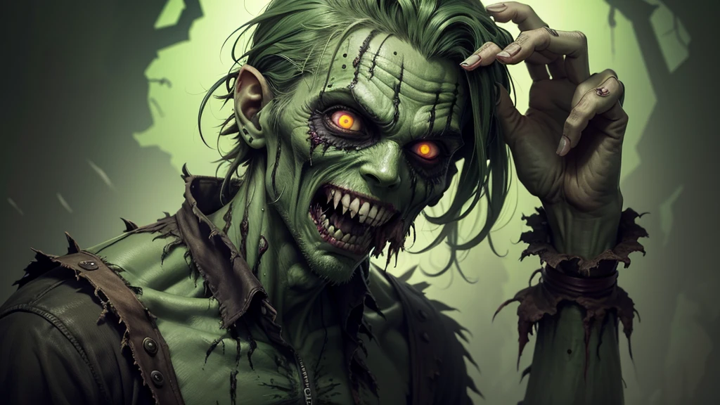 A green male zombie with rotten teeth