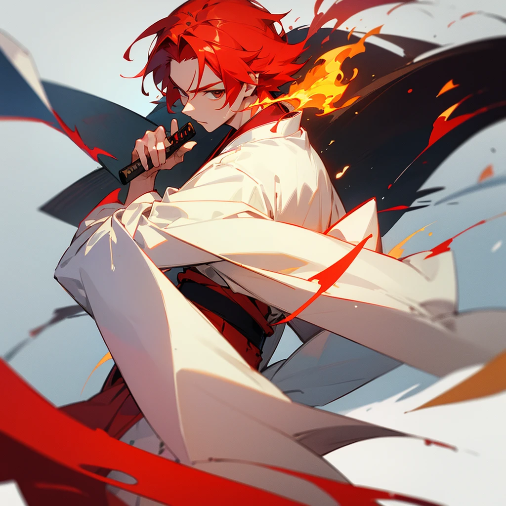 a guy in a white and red kimono with fiery hair with a katana
