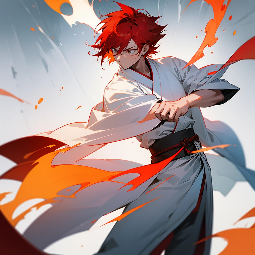 a guy in a white and red kimono with fiery hair with a katana