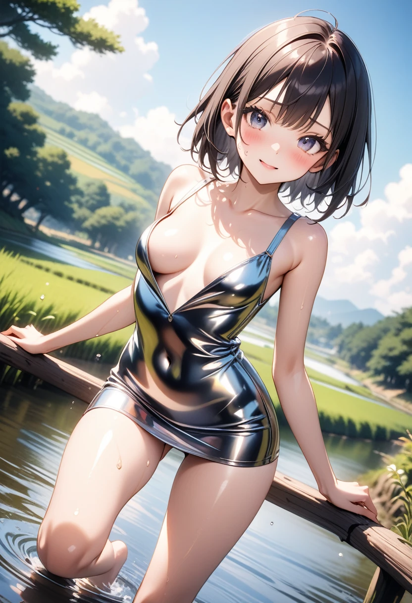 (((A woman playing in midsummer in Japan))), (A hot summer)), (((a hot summer outfit, Dark colored skirt))), ((Shiny Costumes)), skindentation, skinny, solo, 1 woman, Masterpiece, highest quality, highest quality, 16K, incredibly absurd, highly detailed, 2.5D, ai-generated, delicate and dynamic, very delicate facial expressions, delicate eye depiction, erotic, only sexy woman, ((A cute and kind face)), healthy figure, ((25-year-old woman)), 160cm tall, medium firm swaying bust, Dark Hair, blush, Sweat,Embarrassed,sexy, ((thin thighs)), (camel toe:0.7), (visible nipples:0.5), (Erect nipples,:0.7), shiny and lustrous, facing straight at viewer, (((in heat))), ((Oily_skin)), ((dutch angle)), ((erotic pose)), ((In the Japanese countryside, by the river, on a hot summer's afternoon,)),)Metallic shiny outfit:0.1), (((Very dynamic pose))),