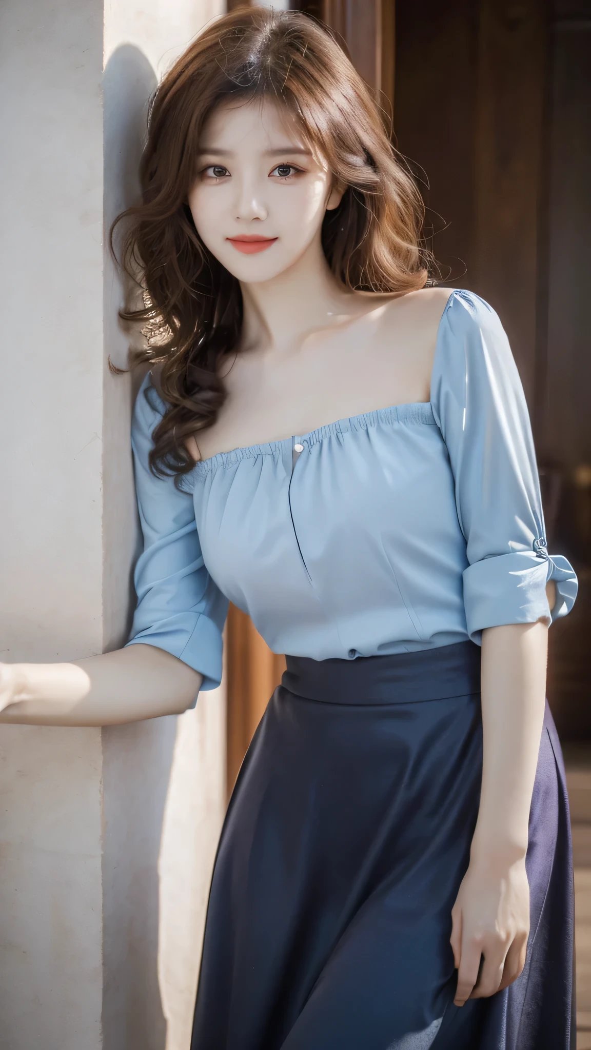 detailed background, masterpiece, best quality, 1 person , curly hair, long hair, purple eyes, star in eye , light blue color Strapless blouse, long skirt
