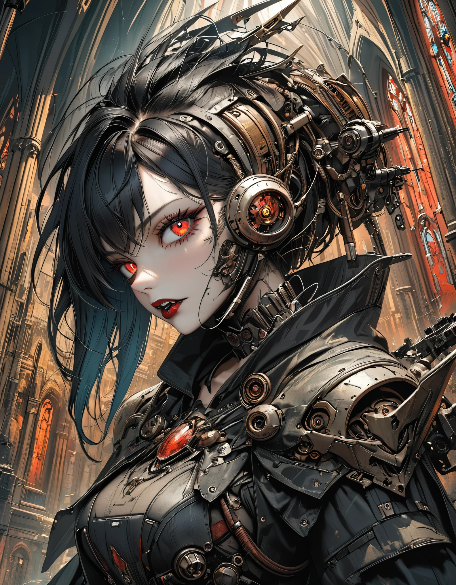 a portrait of mecha female vampire in a dark gothic cyberpunk church, an exotic exquisite beautiful mecha female vampire, dynamic hair color, short hair, dynamic eyes color, intense eyes, (vampire fangs),  glowing eyes, dynamic eyes color, wearing intricate mech armor, delicate mech armor, delicate blood veins in the armor, wearing thigh high heeled boots, dark gothic cyberpunk church background, vibrant, Ultra-high resolution, High Contrast, (masterpiece:1.5), highest quality, Best aesthetics), best details, best quality, highres, 16k, (ultra detailed: 1.5), masterpiece, best quality, (extremely detailed) RAW, (ultra details, Masterpiece, best quality), Cinematic Hollywood Film, Intense gaze, cg_darkscifi