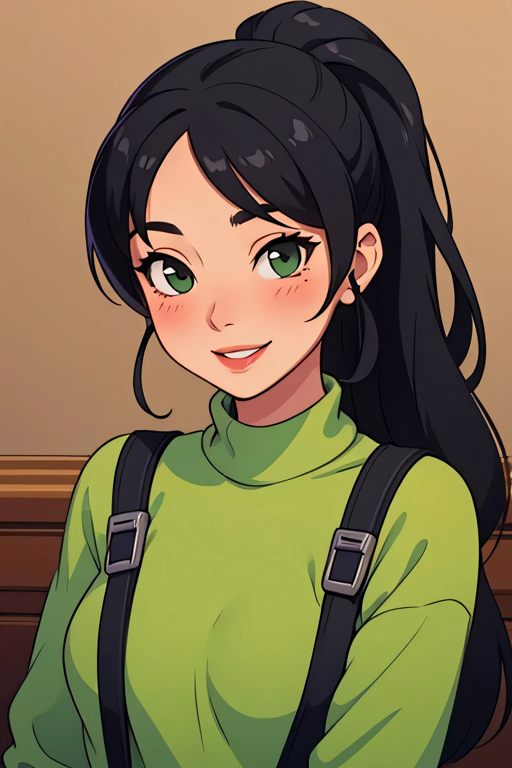 Amazing portrait of a sexy woman wearing her luscious black hair in a cute ponytail, seductively gazing and smiling, soft lips, parted, blushing intensely, smiling, dark green sweater, cream cargo pants, medium chest, perfect body