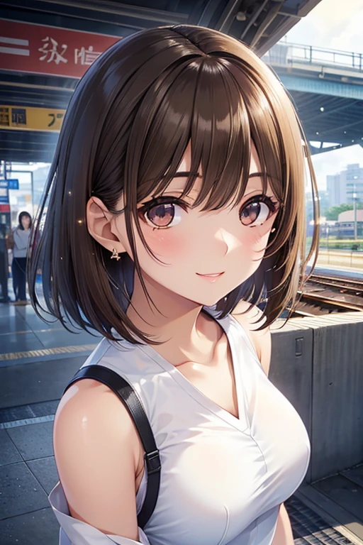 anegasaki nene、Shiny brown hair, short hair, (Beautiful brown eyes、Sparkling eyes, Fine grain)、smile、Ultra-detailed eyes、Highly detailed face, Highly detailed eyes,


Highest quality、masterpiece、High sensitivity、High resolution、One Woman、The body is slim、Station platform、Waiting for the train。