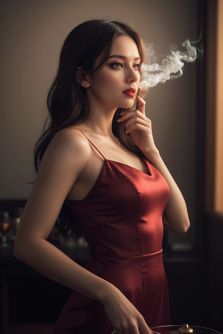 a beautiful woman smoking a cigarette, holding a glass of whiskey, wearing a red silk dress, surrounded by smoke and an ashtray, (best quality,4k,8k,highres,masterpiece:1.2),ultra-detailed,(realistic,photorealistic,photo-realistic:1.37),beautiful detailed eyes,beautiful detailed lips,extremely detailed eyes and face,longeyelashes,dramatic lighting,cinematic atmosphere,moody blues,warm tones