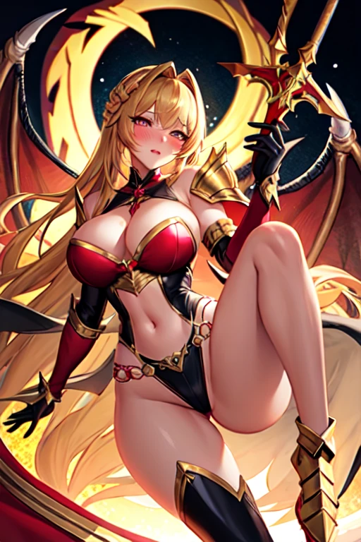 ((best quality)), ((Artwork)), (detailded), 1 girl, Dragon woman, cabellos largos dorados, golden armour, Golden Dragon Knight, golden wings, pinky skin, Eyes red, legs thick, blush cheeks, golden giant sword