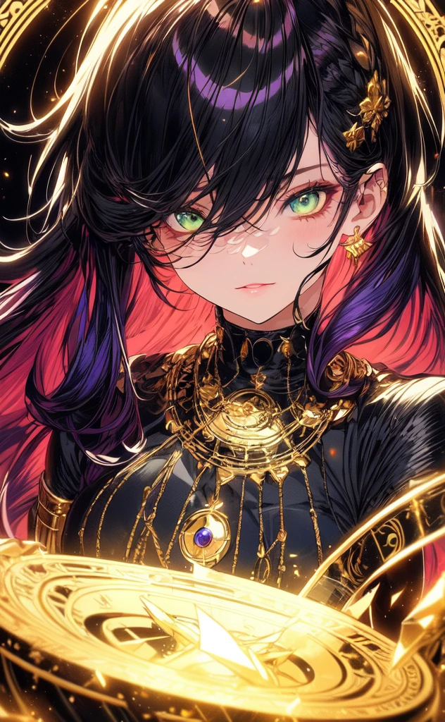 (masterpiece, best quality, ultra-detailed, best shadow), (detailed background,dark fantasy), (handsome detailed face), high contrast, (best illumination, an extremely delicate and beautiful), ((cinematic light)), colorful, hyper detail, dramatic light, intricate details, (1girl, solo, purple hair, sharp face, green eyes, hair between eyes,dynamic angle), blood splatter, swirling black light around the character, depth of field, golden light particles,(broken glass),magic circle, dress,