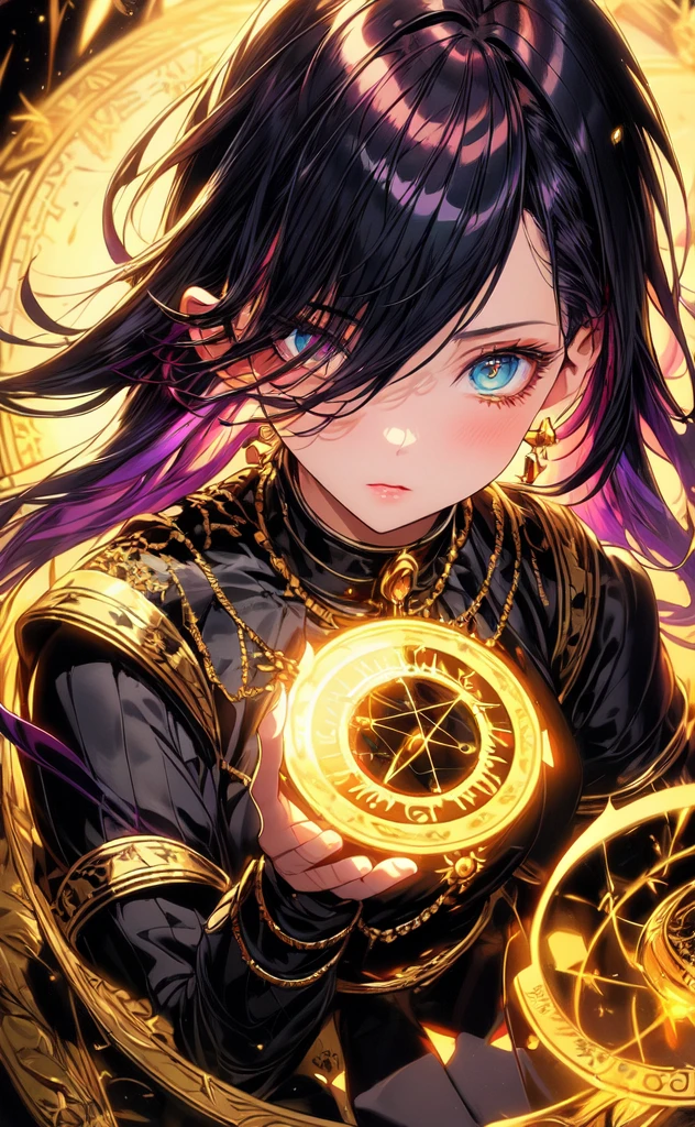 (masterpiece, best quality, ultra-detailed, best shadow), (detailed background,dark fantasy), (handsome detailed face), high contrast, (best illumination, an extremely delicate and beautiful), ((cinematic light)), colorful, hyper detail, dramatic light, intricate details, (1girl, solo, purple hair, sharp face, green eyes, hair between eyes,dynamic angle), blood splatter, swirling black light around the character, depth of field, golden light particles,(broken glass),magic circle, dress, 