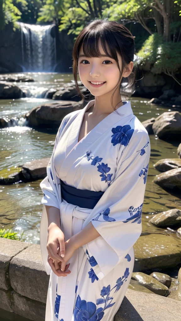 A very large waterfall、In front of Kegon Falls in Oku-Nikko、Watching the waterfall、Admire the waterfall、Overtaking High Resolution、Her breasts overflow from the collar of her kimono.、(Real: 1.4)、Raw photo、Highest quality、(Photorealistic)、concentrated、Soft Light、(())、((Japanese))、(front、Young Face)))、(Depth of Limit）、（one piece）、masterpiece、（Photoreal）、woman、bangs、1 beautiful Japanese model、12 years old、4K、high resolution、bangs、Black Hair、kimono、white and blueflower Long-sleeved kimono、Japanese style floral pattern:1.5、A cute face like an idol:1.4、Slim and beautiful body、Beautiful breasts、Laughter、Esbian all over body:1.2、Enhanced Dynamic Perspective、Cute cute beautiful girl、Beautiful Skin、look at me and smile、Simple Background、Masterpieces、high resolution、4K resolution、Overtaking