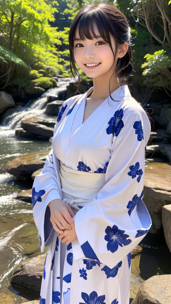 A very large waterfall、In front of Kegon Falls in Oku-Nikko、Watching the waterfall、Admire the waterfall、Overtaking High Resolution、Her breasts overflow from the collar of her kimono.、(Real: 1.4)、Raw photo、Highest quality、(Photorealistic)、concentrated、Soft Light、((************))、((Japanese))、(front、Young Face)))、(Depth of Limit）、（one piece）、masterpiece、（Photoreal）、woman、bangs、1 beautiful Japanese model、************womanモデル、4K、high resolution、bangs、Black Hair、kimono、white and blueflower Long-sleeved kimono、Japanese style floral pattern:1.5、A cute face like an idol:1.4、Slim and beautiful body、Beautiful breasts、Laughter、Esbian all over body:1.2、Enhanced Dynamic Perspective、Cute cute beautiful girl、Beautiful Skin、look at me and smile、Simple Background、Masterpieces、high resolution、4K resolution、Overtaking