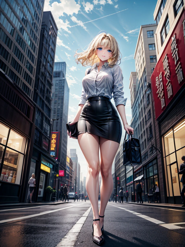 ((High resolution)), ((Lighting and color)), ((masterpiece)), ((Blue eyes)), Young woman with blue eyes., Straight blonde hair, The wind blew it away and it got a little messy., Standing lightly on a bustling city street. She wears a loose-fitting white business shirt that accentuates her natural elegance.。.., Pair with a black tight skirt for a business look。.. A business bag1I have one。.. She is in a delicate pose, A cute smile full of love, tilt your body slightly. Modern skyscrapers are mixed in the background.., Quaint café, Bustling pedestrians. The soft sunlight gently illuminates your face.., In the hustle and bustle of the city、Give off a warm glow、Emphasize your presence。."