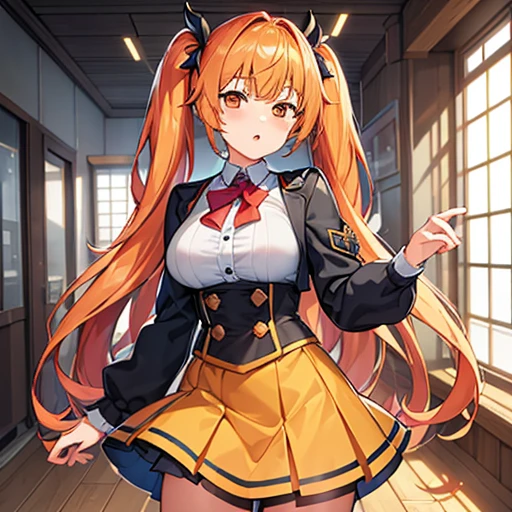 Highest quality,A perfect masterpiece,Perfect artwork,Official Works,8k,, Fashion Trends,High resolution,Detailed Expression,Octane Rendering,Ray Tracing,Intricate details,Animation lighting,One person、single、Anime Girls、Active female student、orange long hair、Twin tails、Beautiful breasts、Uniform with emphasis on breasts、Pleated mini skirt、Fashion-coordinated variations