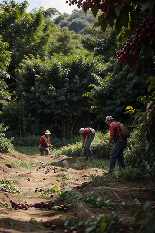 Visual: A group of workers in a coffee field, picking red coffee cherries.