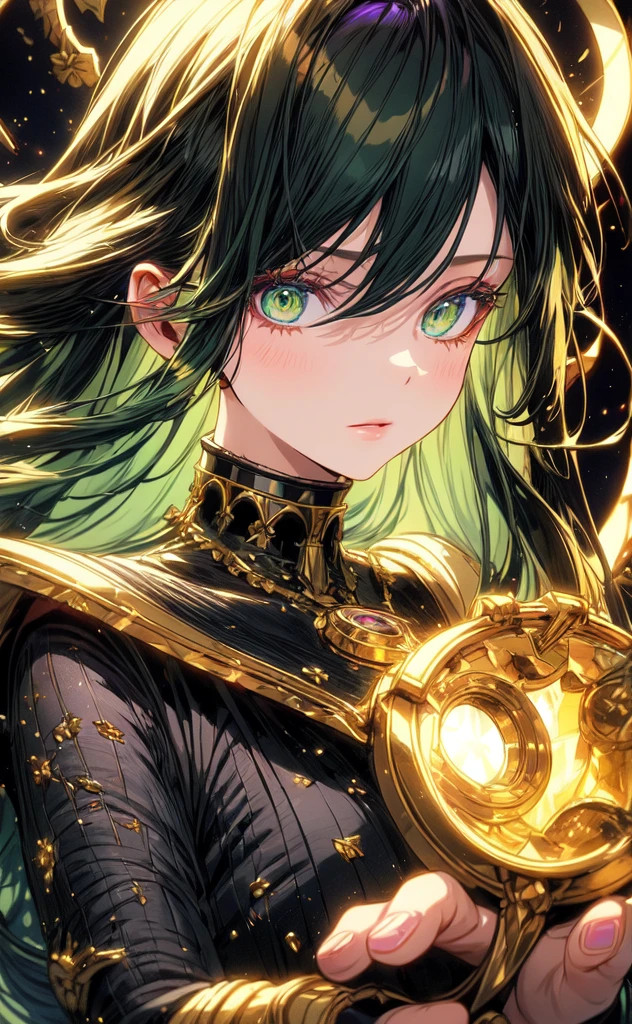 (masterpiece, best quality, ultra-detailed, best shadow), (detailed background,dark fantasy), (handsome detailed face), high contrast, (best illumination, an extremely delicate and beautiful), ((cinematic light)), colorful, hyper detail, dramatic light, intricate details, (1girl, solo, purple with green hair, sharp face, green eyes, hair between eyes,dynamic angle), blood splatter, swirling golden light around the character, depth of field,black light particles,(broken glass),candy circle, dress,