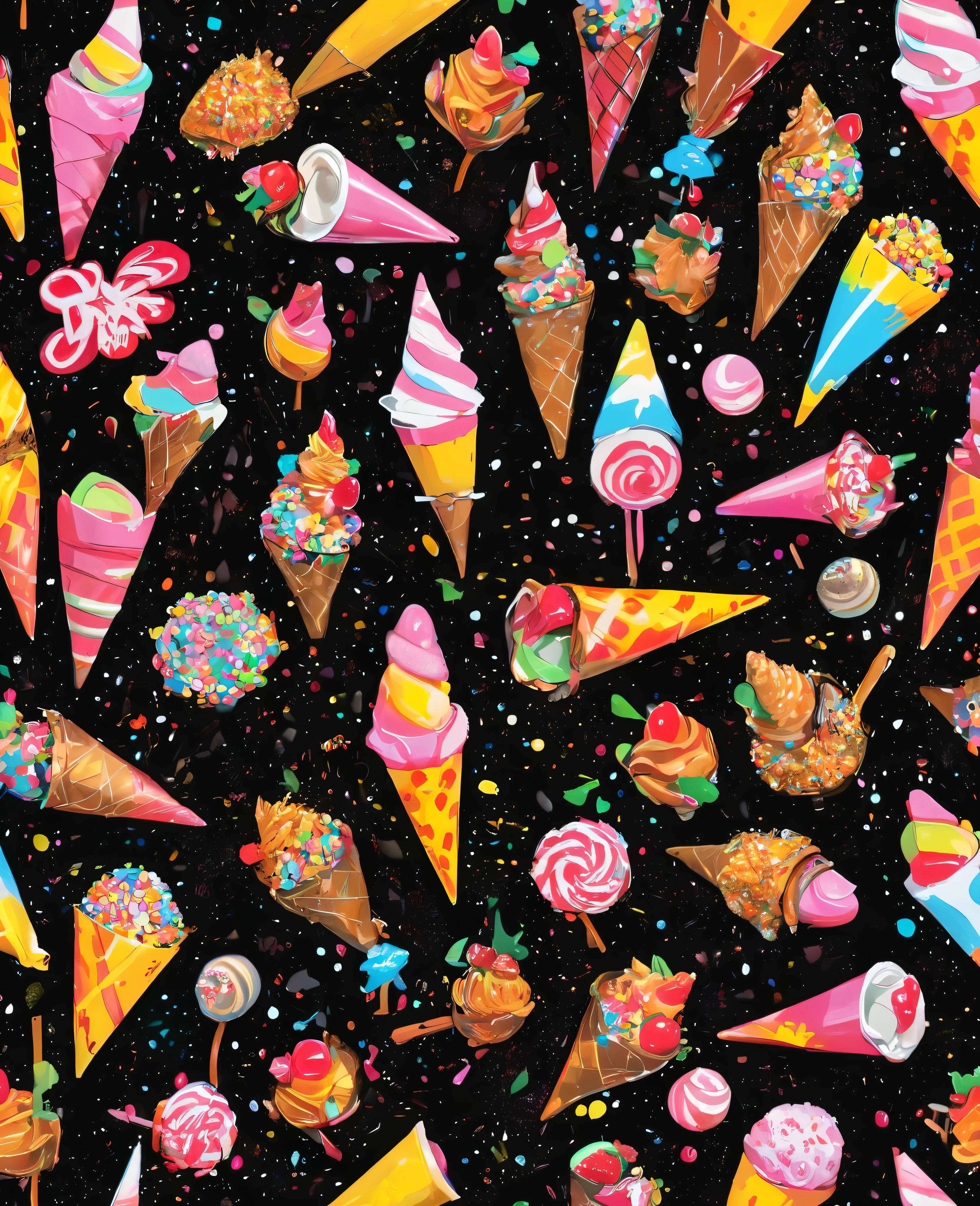 Graffiti, scribble, Comics by Petra Cortright, best quality, masterpiece, glittery candy cones artwork, Representative work, official art, Professional, Ultra intricate detailed, 8k,  candy cones art, black background 