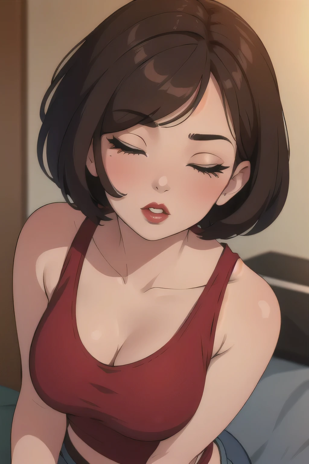 Sexy woman, short brown hair, middle part, lots of makeup, perfect red lips, loose blue tank top, black short shorts