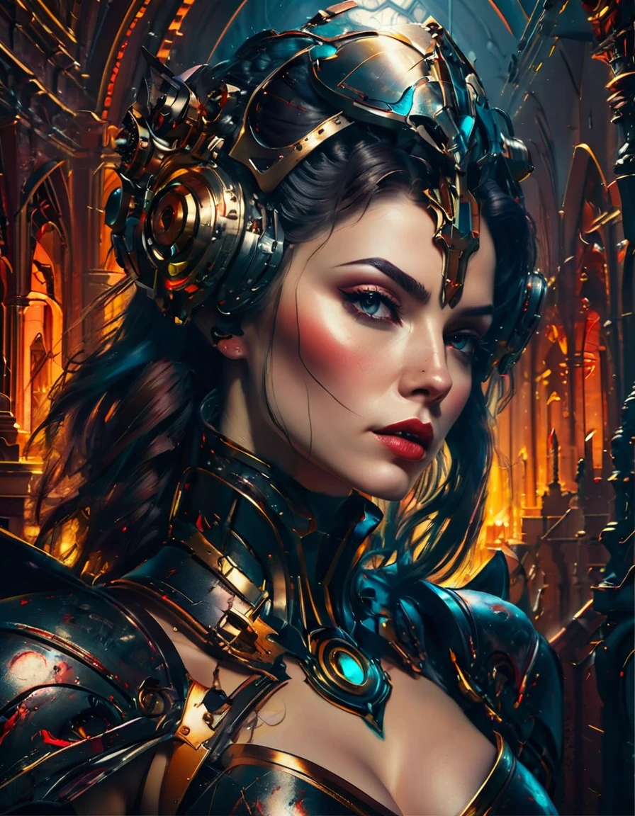 a portrait of mecha female vampire in a dark gothic cyberpunk church, an exotic exquisite beautiful mecha female vampire, dynamic hair color, short hair, dynamic eyes color, intense eyes, (vampire fangs), glowing eyes, dynamic eyes color, wearing intricate mech armor, delicate mech armor, delicate blood veins in the armor, wearing thigh high heeled boots, dark gothic cyberpunk church background, vibrant, Ultra-high resolution, High Contrast, (masterpiece:1.5), highest quality, Best aesthetics), best details, best quality, highres, 16k, (ultra detailed: 1.5), masterpiece, best quality, (extremely detailed) RAW, (ultra details, Masterpiece, best quality), Cinematic Hollywood Film, Intense gaze, cg_darkscifi