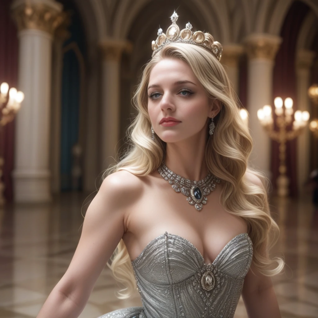 Beautiful elegant blonde woman in a luxurious palace, wearing an ornate crown, posing gracefully next to a gray Kano corse, surrounded by luxurious jewelry and opulent decor, calm and confident expression, dress with intricate embroidery, soft lighting, Cinematic composition, Photorealistic, highly detailed
