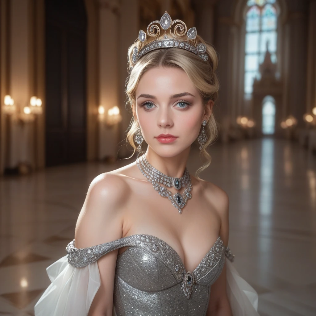 Beautiful elegant blonde woman in a luxurious palace, wearing an ornate crown, posing gracefully next to a gray Kano corse, surrounded by luxurious jewelry and opulent decor, calm and confident expression, dress with intricate embroidery, soft lighting, Cinematic composition, Photorealistic, highly detailed