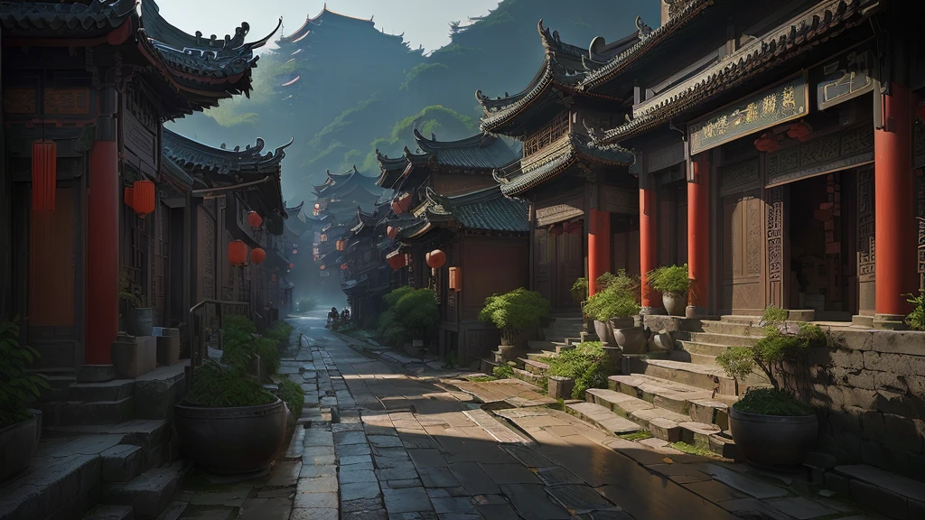 there is a narrow street,There are many buildings and plants, Dream China Town, china village, andreas rocha style, Cyberpunk ancient Chinese castle, Beautiful rendering of the Tang Dynasty, ancient city landscape, The ancient city streets behind her, author:Victor Wang, old asian village, Inspired by Zhang Sengyao, Pan Chengwei on artstation, In an ancient city